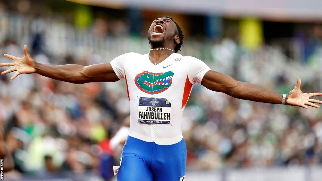 Joseph Fahnbulleh celebrates winning a sprint race