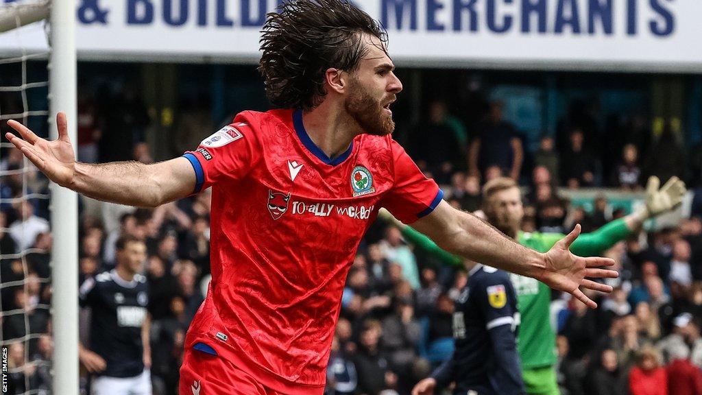 Ben Brereton Diaz celebrates his second goal for Blackburn to put Rovers 4-3 up at Millwall