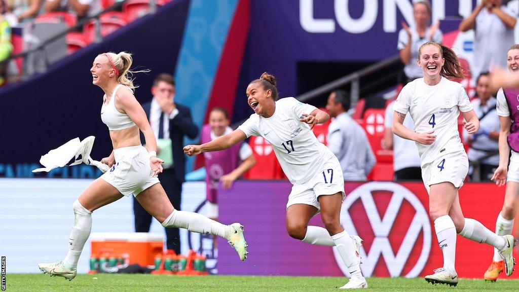 Chloe Kelly celebrates scoring for England