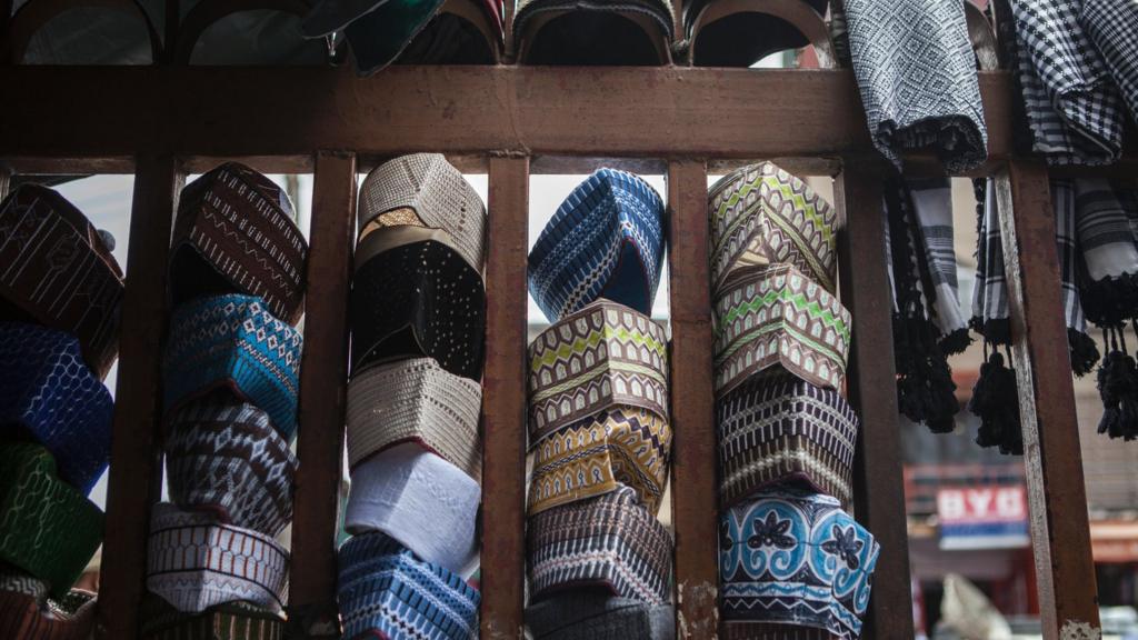 Nigerians traditional caps are displayed at the entrance of the Central Mosque in Lagos