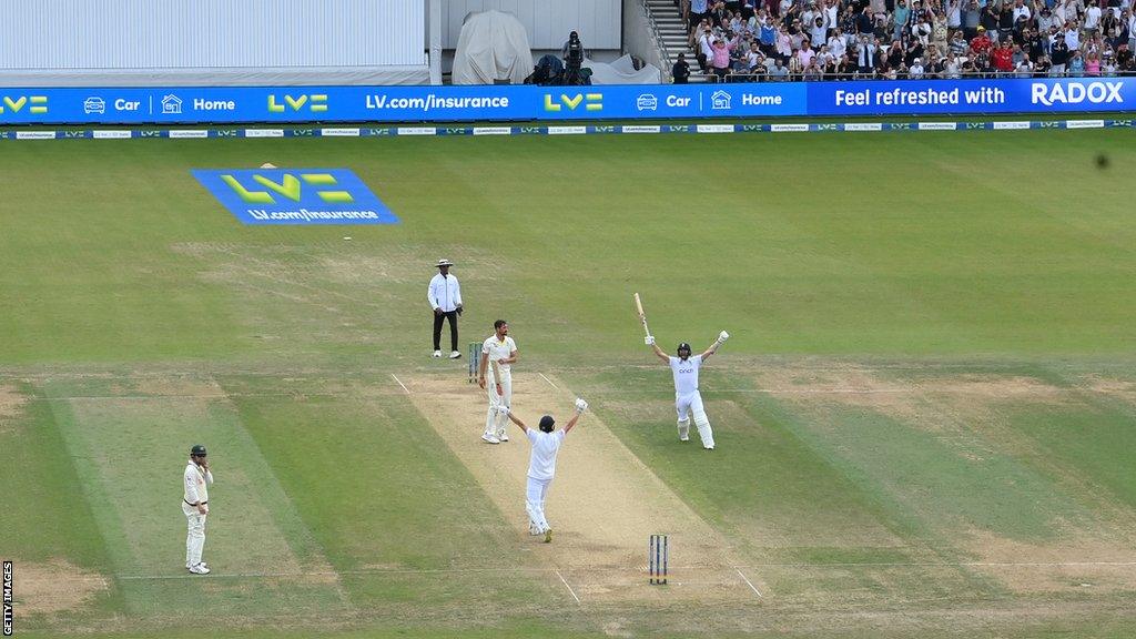 Chris Woakes and Mark Wood celebrate England's win over Australia at Headingley in 2023 Ashes