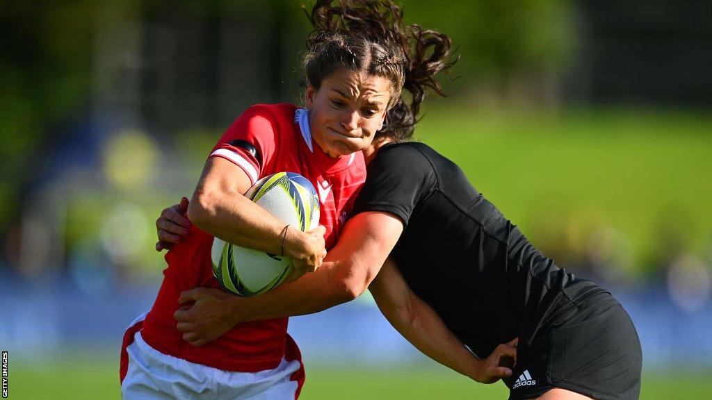 Jasmine Joyce getting tackled against New Zealand