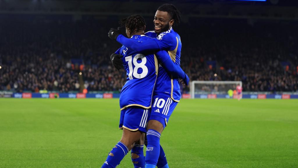 Abdul Fatawu celebrates scoring for Leicester against Sheffield Wednesday with Stephy Mavididi