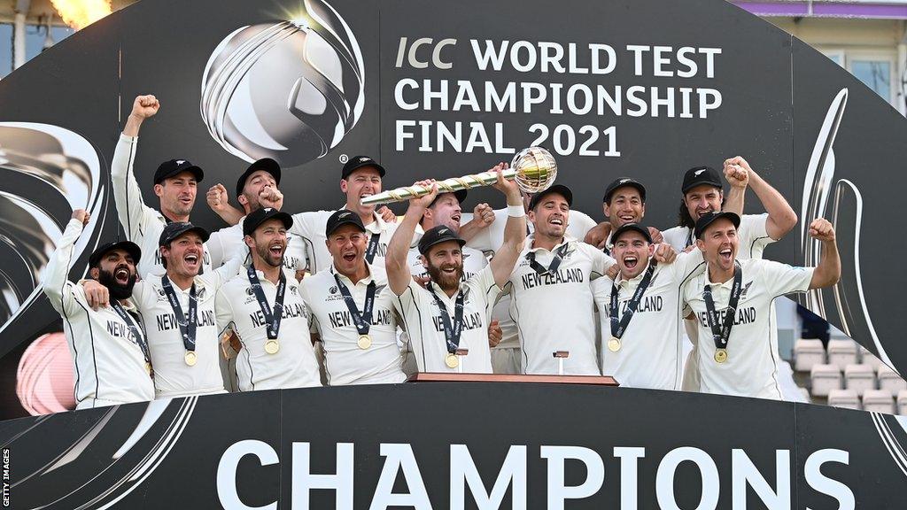 New Zealand celebrate winning the World Test Championship final in 2021