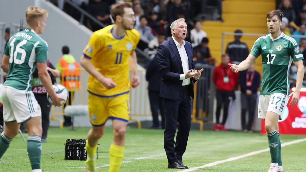 Northern Ireland boss Michael O'Neill shouts out instructions to his side during the first half in Astana