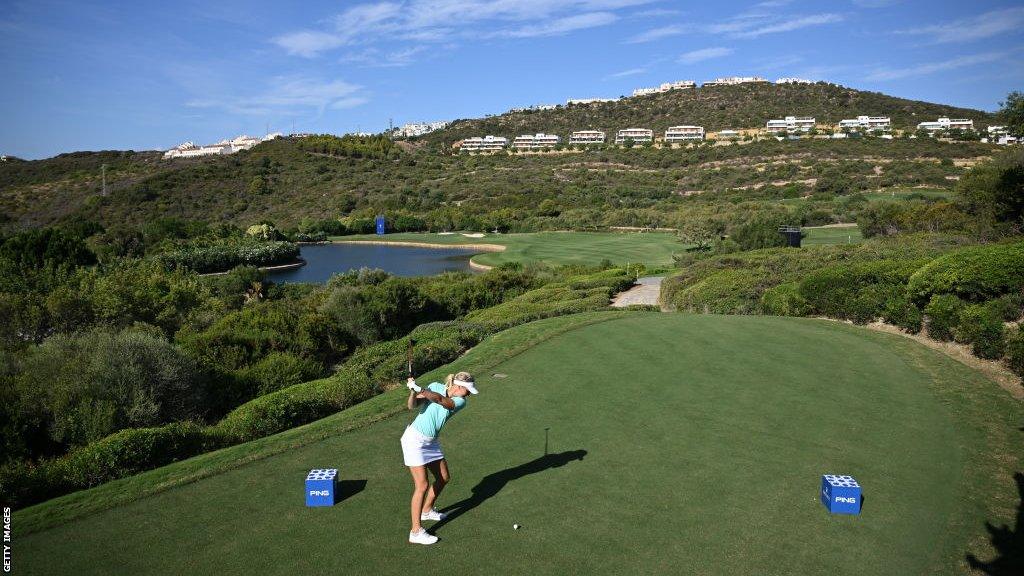 Europe's Anna Nordqvist hitting a shot off the first tee at Finca Cortesin