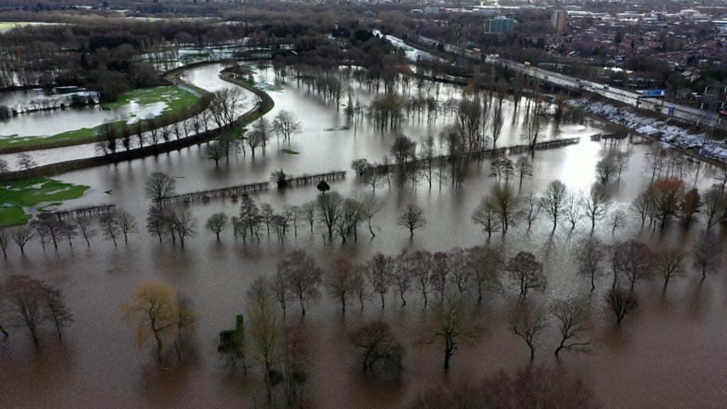 Aerial picture of flooding in the Didsbury area of Manchester