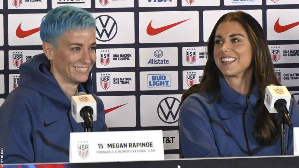 Megan Rapinoe and Alex Morgan at a USA press conerence