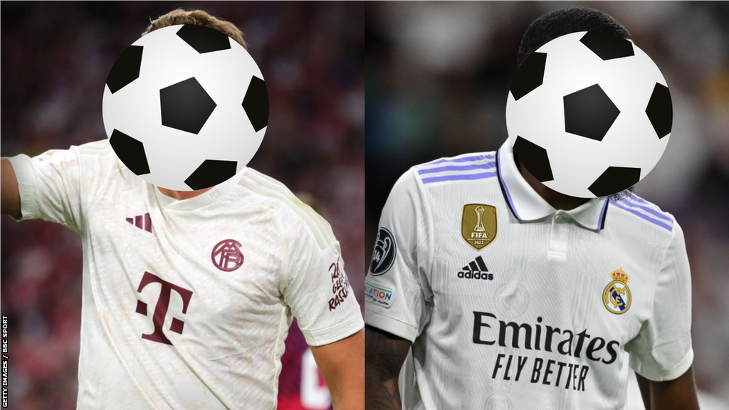 Two footballers who have their faces covered with footballs. One wears a Bayern Munich kit. The other a Real Madrid jersey