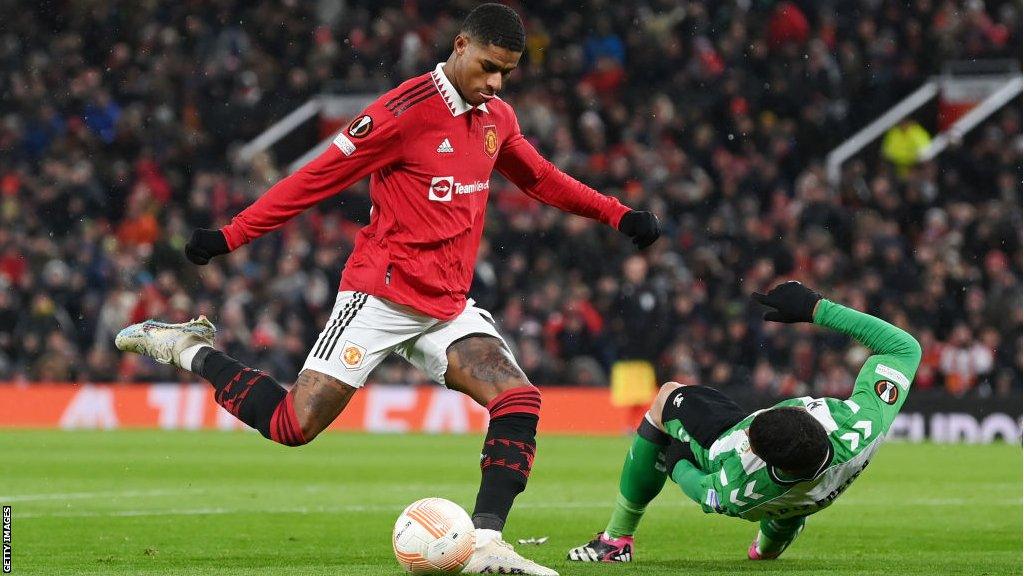 Marcus Rashford scores against Real Betis on Thursday