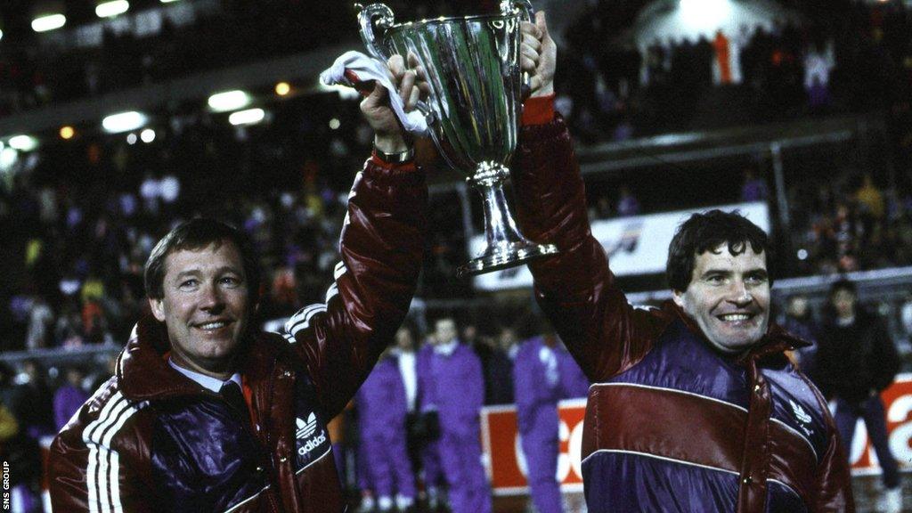 Alex Ferguson and Archie Knox lift the European Cup Winnners' Cup