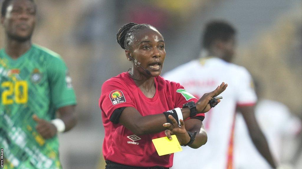 Salima Mukansanga officiating at the 2021 Africa Cup of Nations