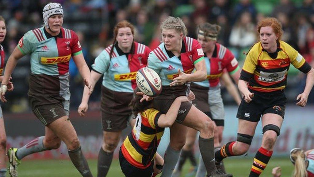 Tove Viksten of Harlequins Ladies offloads during the Tyrrells Premier 15s match between Harlequins Ladies and Richmon