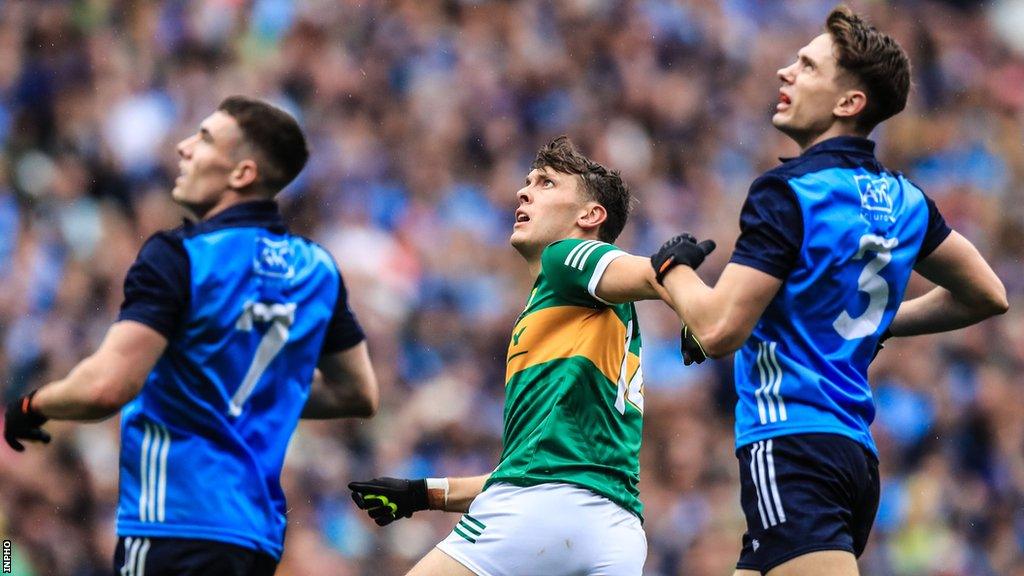 Kerry star David Clifford and Dublin defenders Lee Gannon and Michael Fitzsimons watch the flight of the ball in last year's All-Ireland Football Final at Croke Park