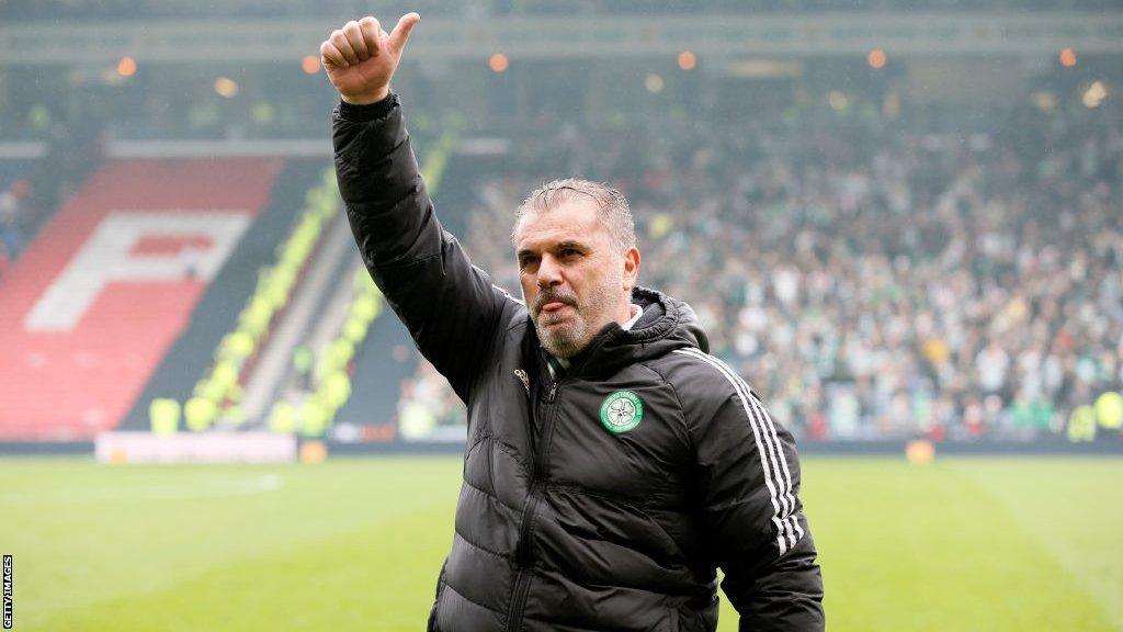 Ange Postecoglou celebrates after beating Rangers