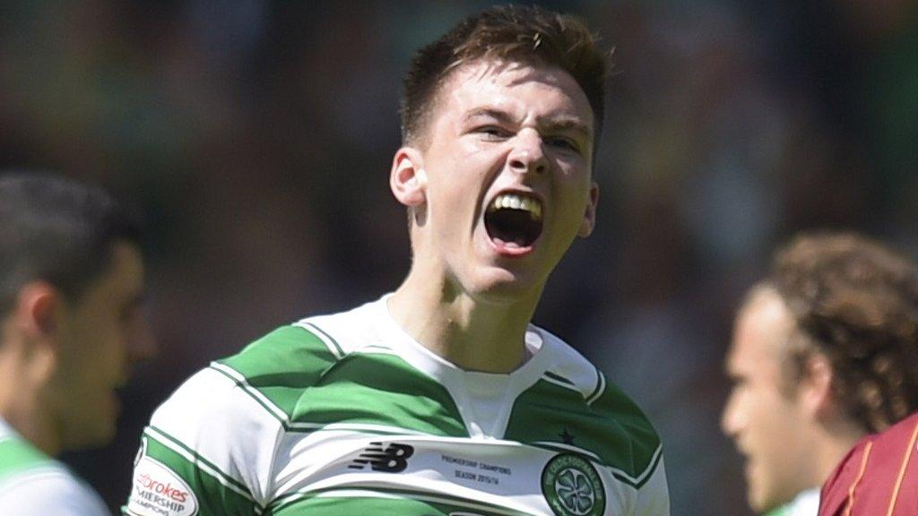 Kieran Tierney celebrates scoring for Celtic