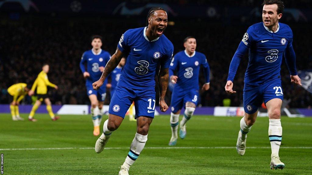 Raheem Sterling celebrates a goal for Chelsea