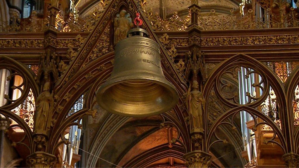 The bell being lifted into place at Worcester Cathedral