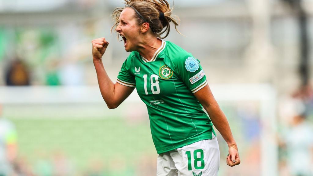 Kyra Carusa celebrates after doubling the Republic of Ireland lead at the Aviva Stadium