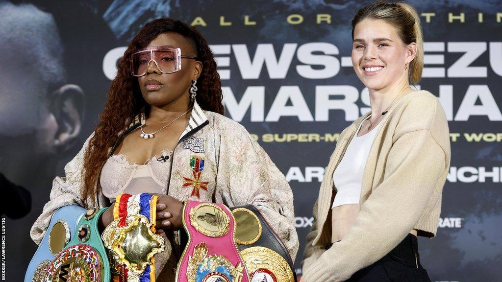 Franchon Crews-Dezurn and Savannah Marshall at a news conference before their super-middleweight world title fight