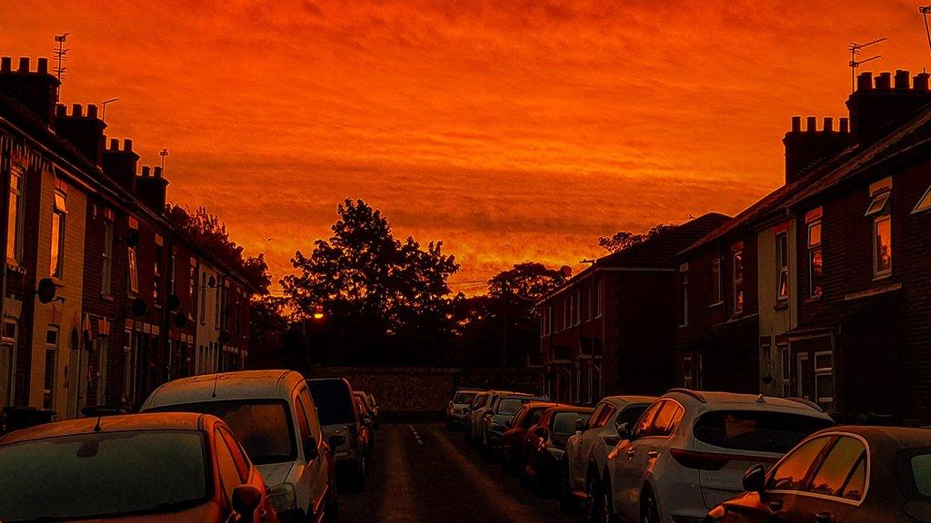 Red skies at sunrise in Great Yarmouth, Norfolk.