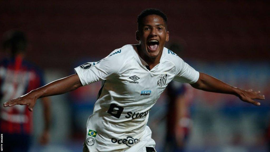 Angelo Gabriel celebrates scoring for Santos