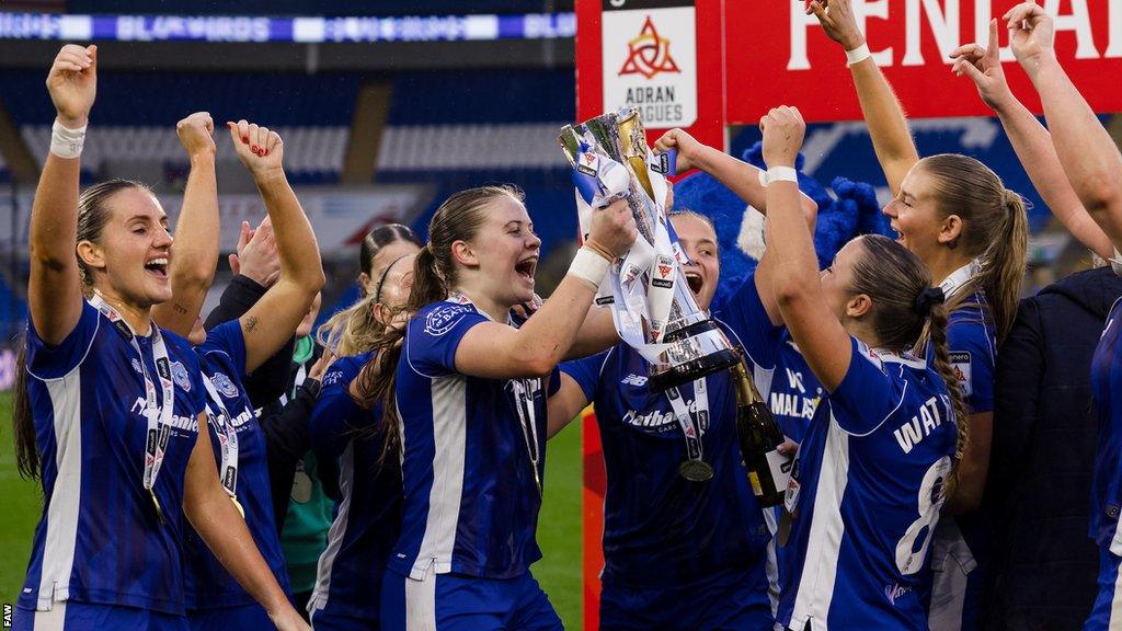 Cardiff City Women lift the Adran Premier Trophy after their victory over Wrexham