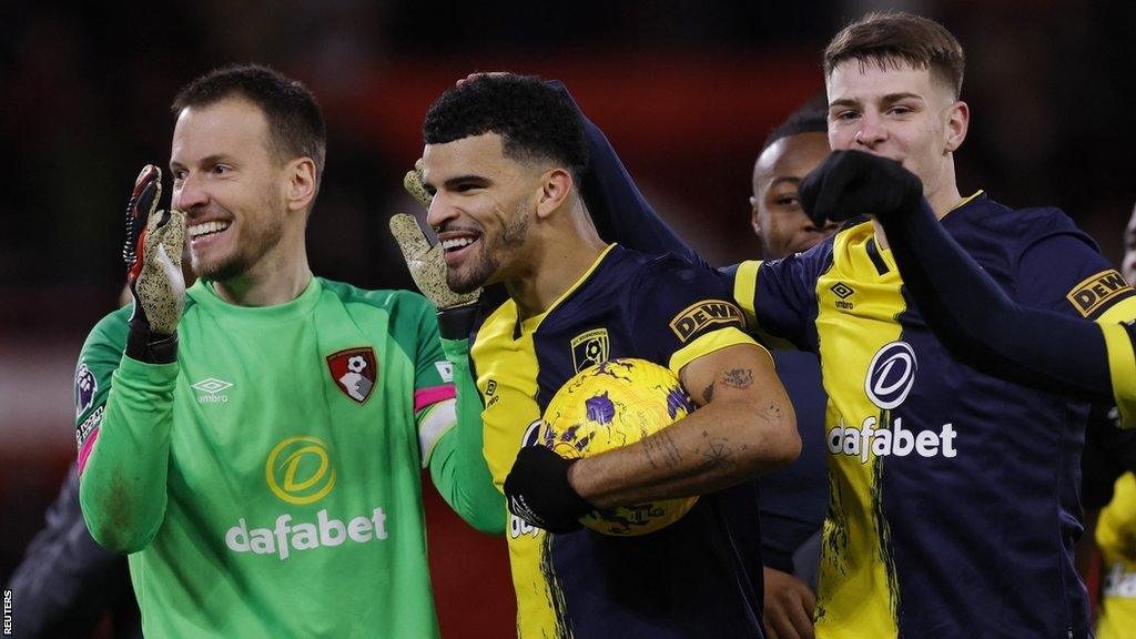 Dominic Solanke celebrates scoring a hat-trick against Nottingham Forest in December