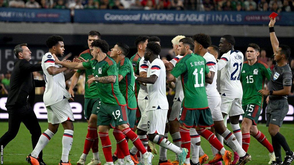 Four players were sent-off as United States beat Mexico 3-0