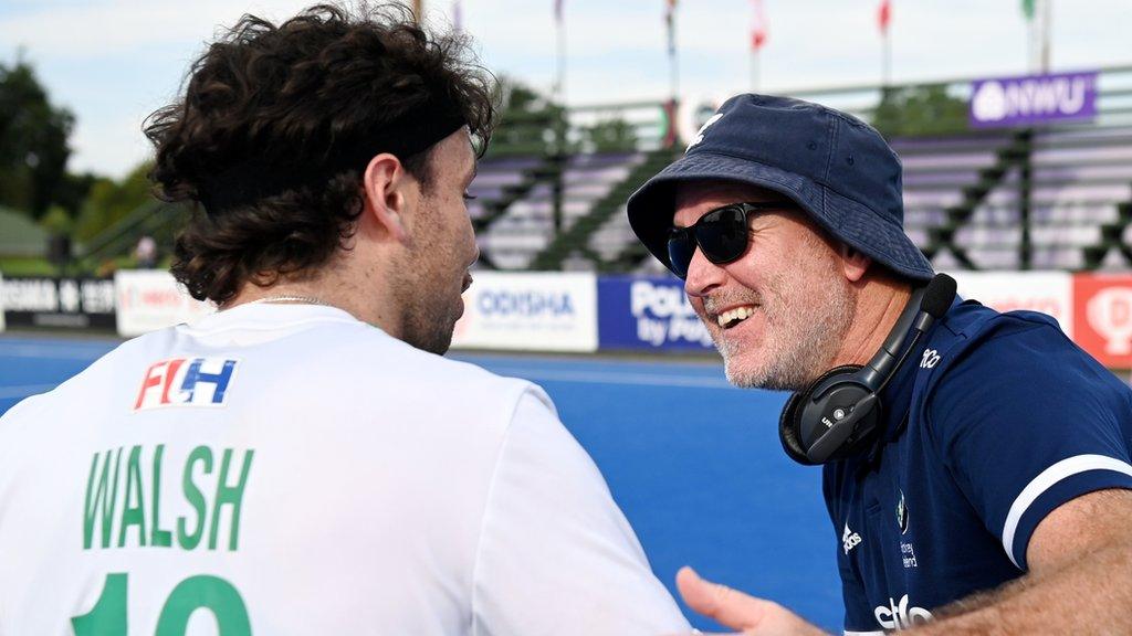 Ireland player and head coach Mark Tumilty celebrate a victory over South Africa