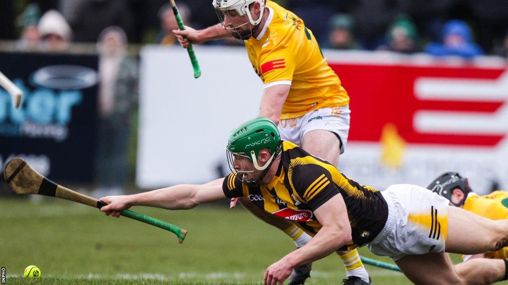 Kilkenny's Martin Keoghan battles with Antrim's Paddy Burke at Corrigan Park in the February League contest