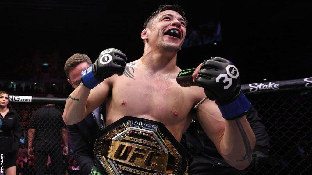 Brandon Moreno celebrates following victory over Deiveson Figueiredo