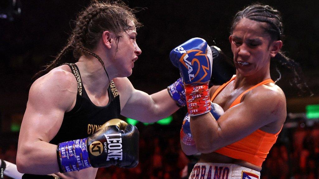 Katie Taylor attempts to land a left hand in the classic contest against Amanda Serrano at Madison Square Garden in 2022