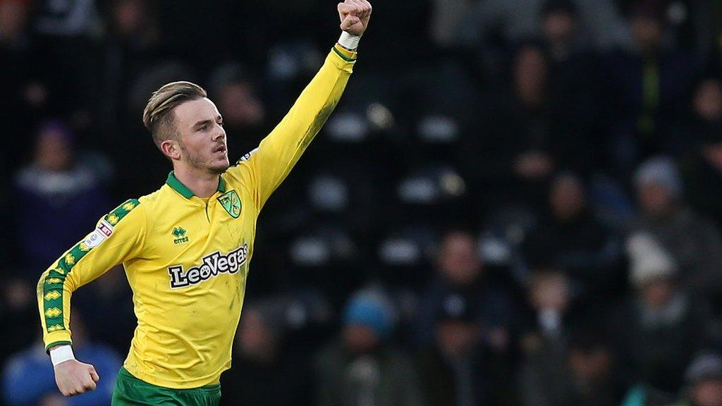 James Maddison celebrates scoring for Norwich City against Derby