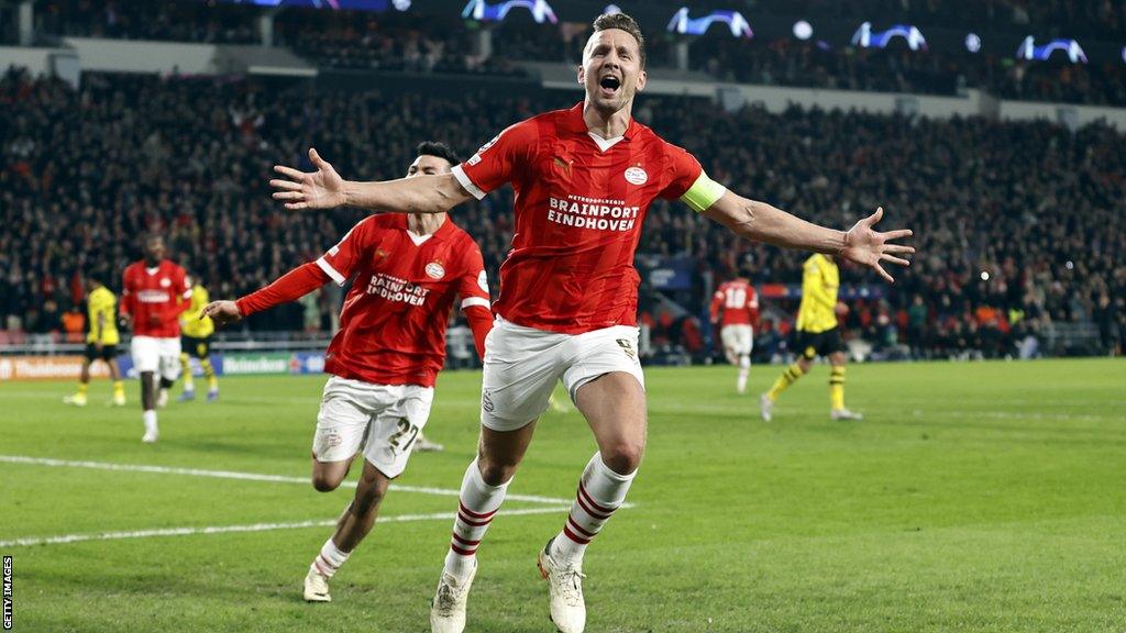 Luuk de Jong celebrates scoring PSV Eindhoven equaliser against Borussia Dortmund in the Champions League