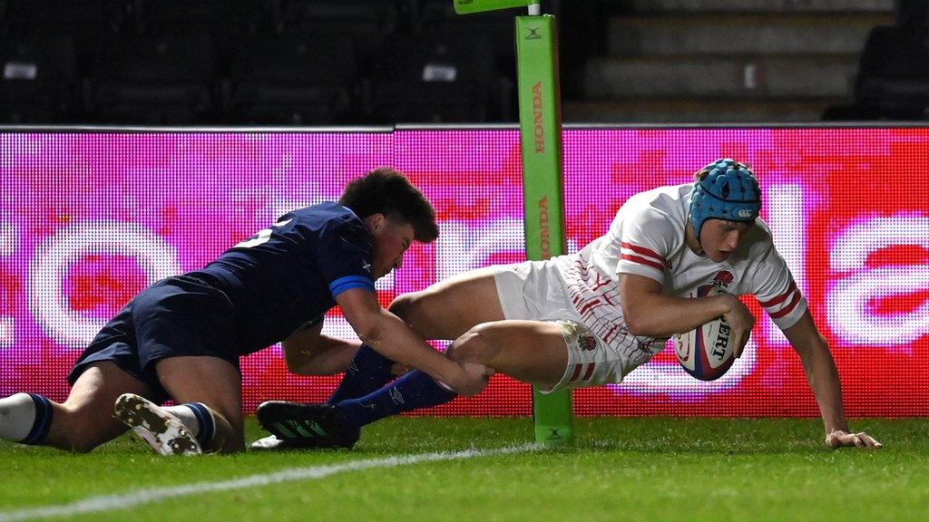 England wing Josh Hathaway scores against Scotland in the U20 Six Nations