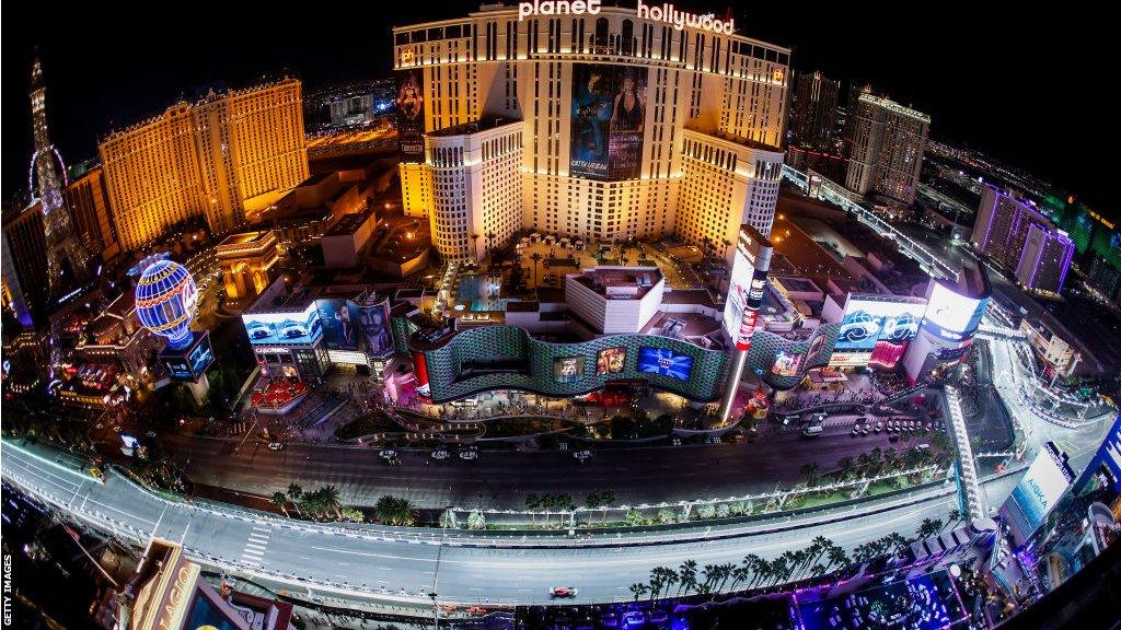 The lights of the circuit and casinos at the Las Vegas GP