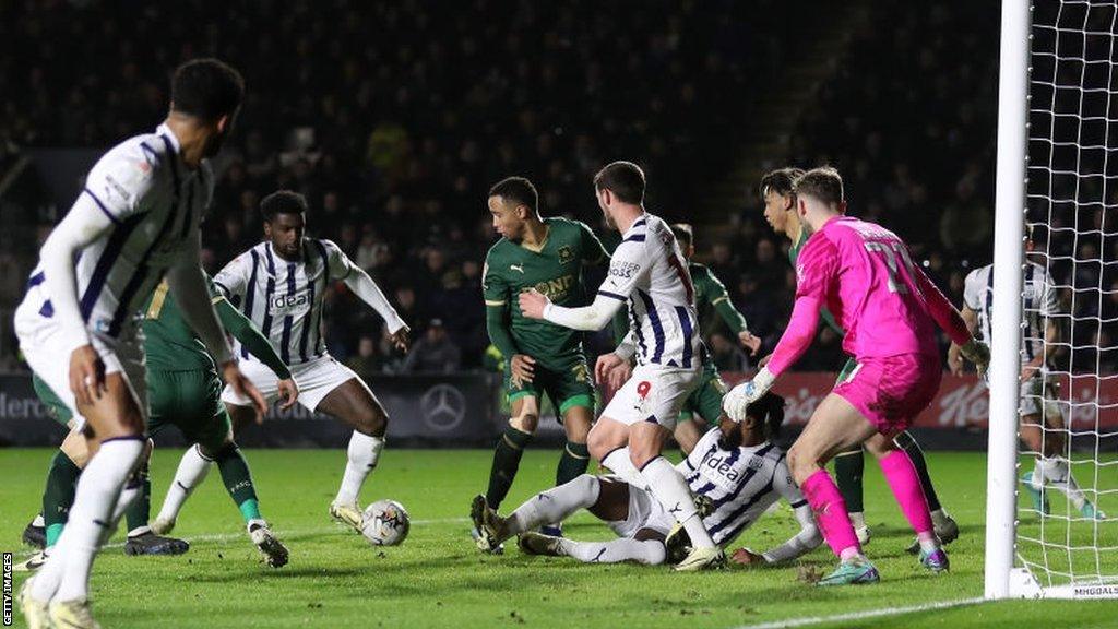 Cedric Kipre opens the scoring at Plymouth