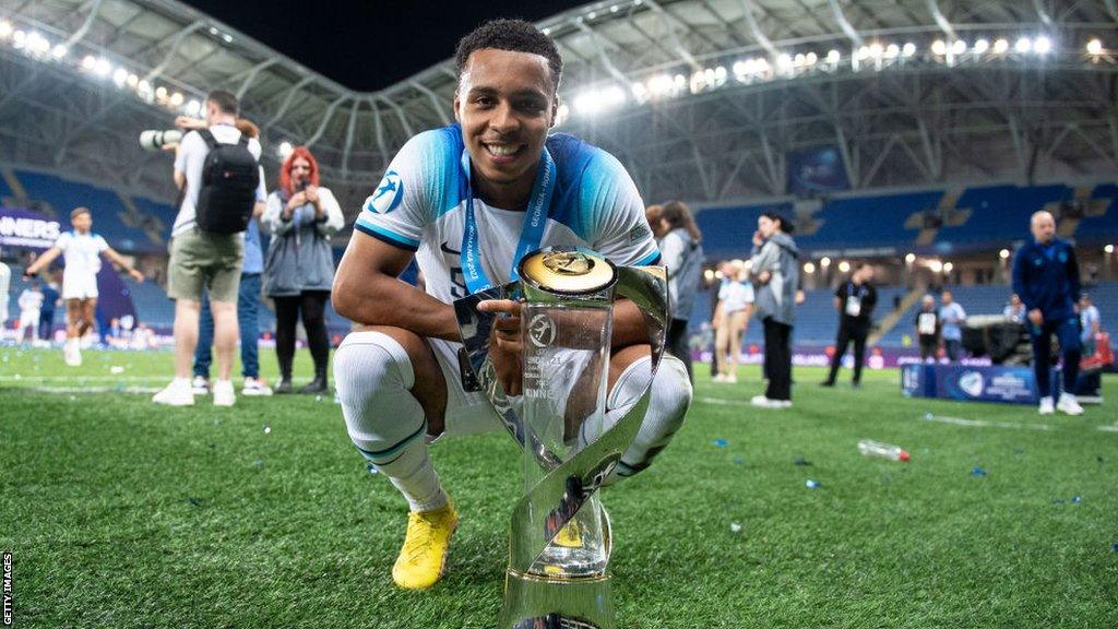 Cameron Archer celebrates with the Euro Under-21 Championship trophy following England's win against Spain in the final