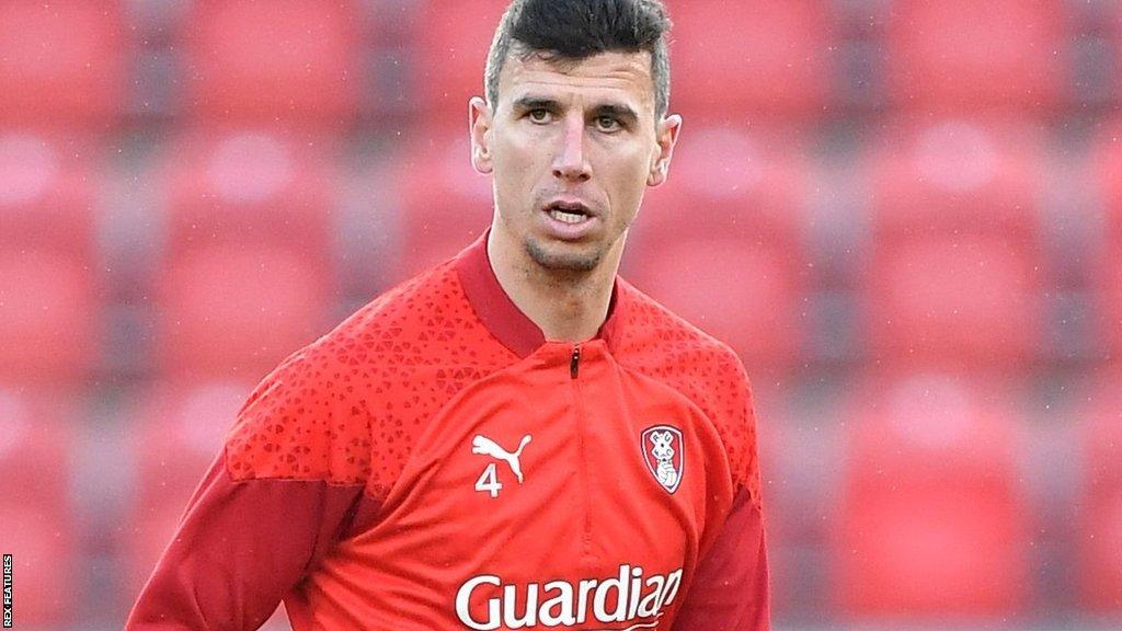 Defender Daniel Ayala warming up for Rotherham