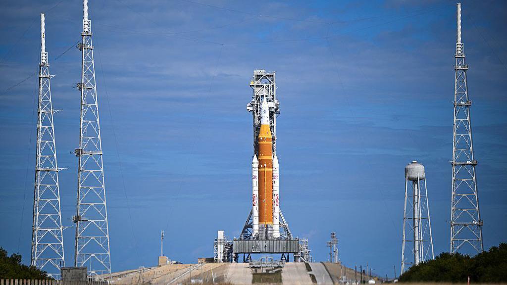The Space Launch System (SLS) rocket and the Orion spacecraft at Launch Pad 39B at the Kennedy Space Centre in Cape Canaveral, Florida.