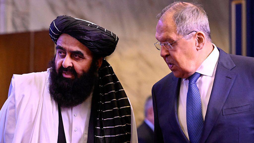 Afghanistan's Foreign Minister Amir Khan Muttaqi and Russian Foreign Minister Sergei Lavrov attend the Moscow Format consultations on Afghanistan, in Moscow on October 7, 2025.