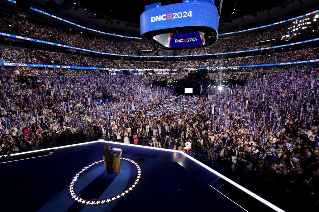 US Vice President Kamala Harris speaks during the Democratic National Convention at the United Center in Chicago, Illinois, US, on Thursday, 22 August 