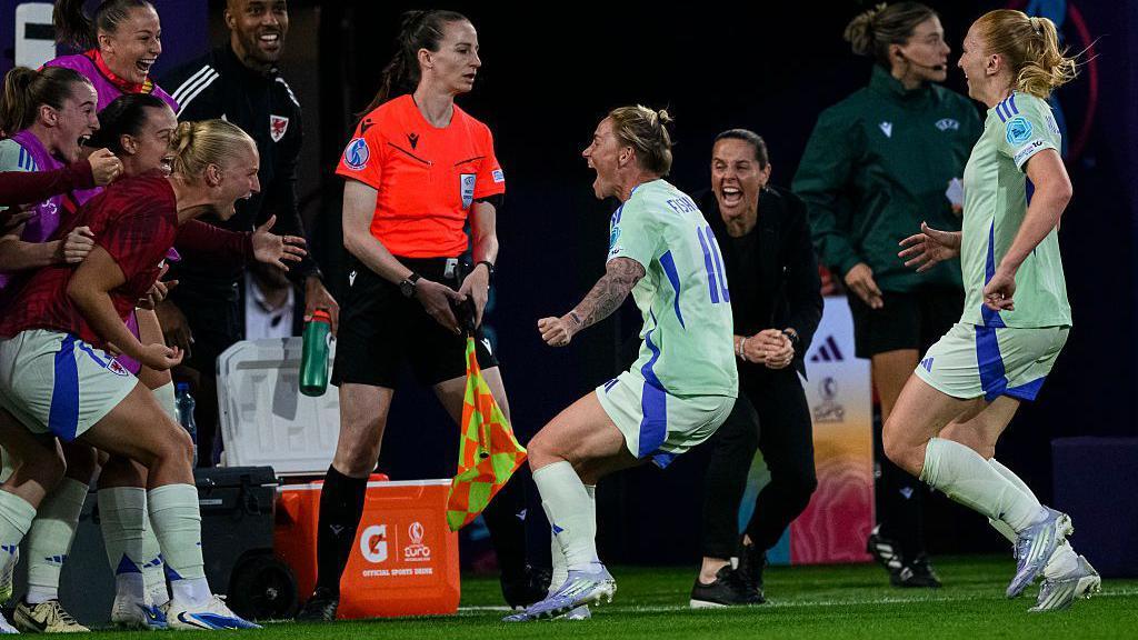 Jessica Fishlock of Wales (centre) celebrating her goal with her teammates during the UEFA Womens Euro 2025 Group D match between France and Wales at Arena St. Gallen on July 9, 2025 in St Gallen, Switzerland.