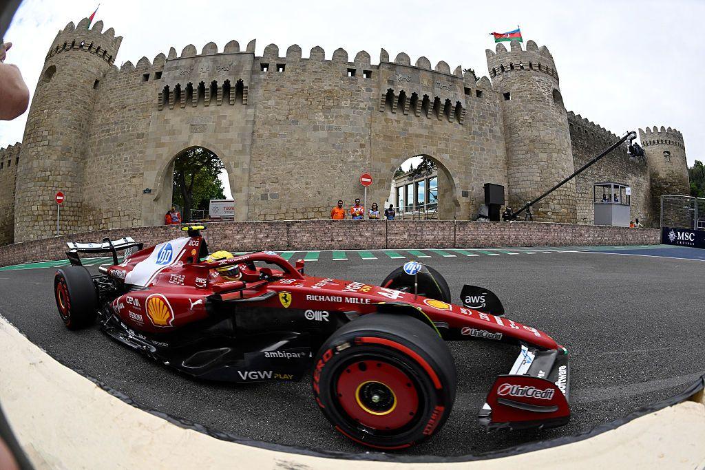 Ferrari's Lewis Hamilton passes the medieval castle during Azerbaijan Grand Prix final practice