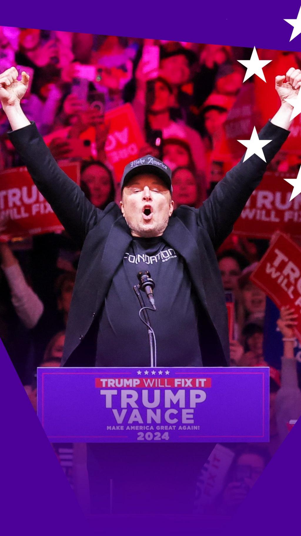 Elon musk with his arms in the air at a Trump rally