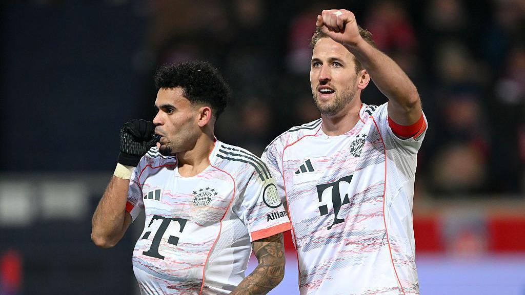 Harry Kane and Luis Diaz celebrate scoring for Bayern Munich against Heidenheim in the Bundesliga