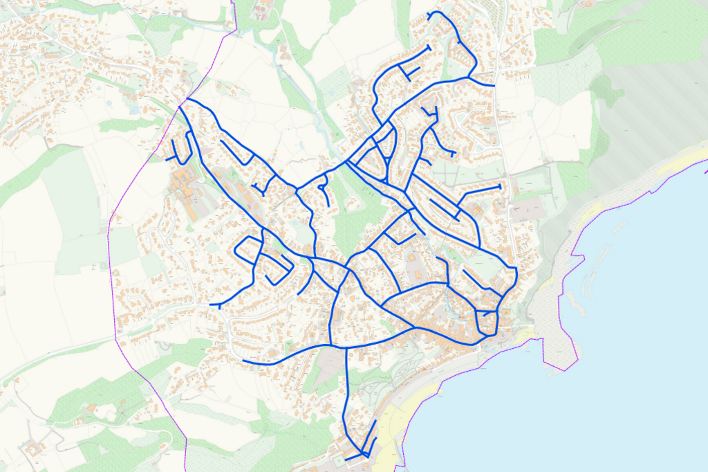 A map of Lyme Regis with almost all of the roads in the town centre marked blue, indicating they are proposed 20mph zones.
