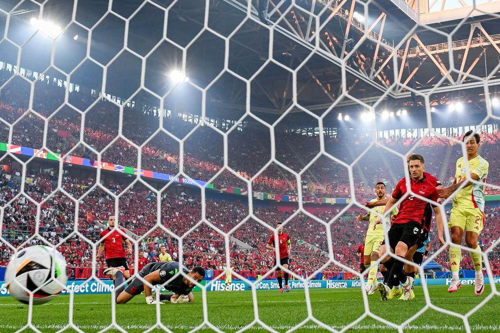 Ferran Torres of Spain scores a goal against Albania