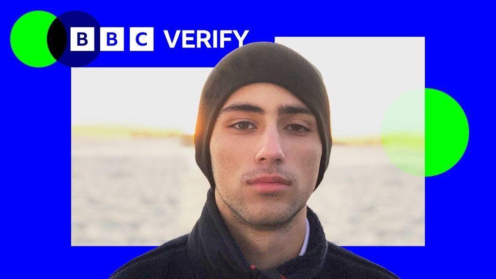Image showing Joaquin Oliver in a beenie hat will the sea and sun behind him, with a blue border and the BBC Verify logo in the top left corner